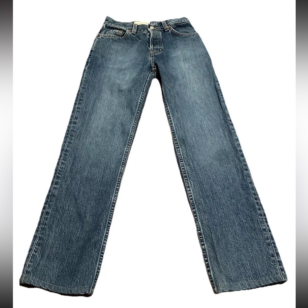 VTG Gap Jeans Women 1 Long Low Rise Straight Leg Blue Denim Button Fly 5 Pocket